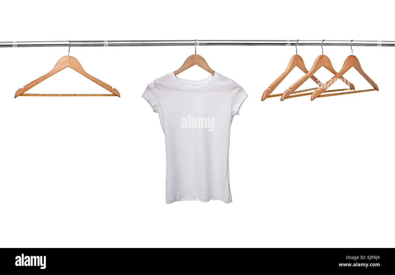 close up of a white t shirt on cloth hangers in row Stock Photo
