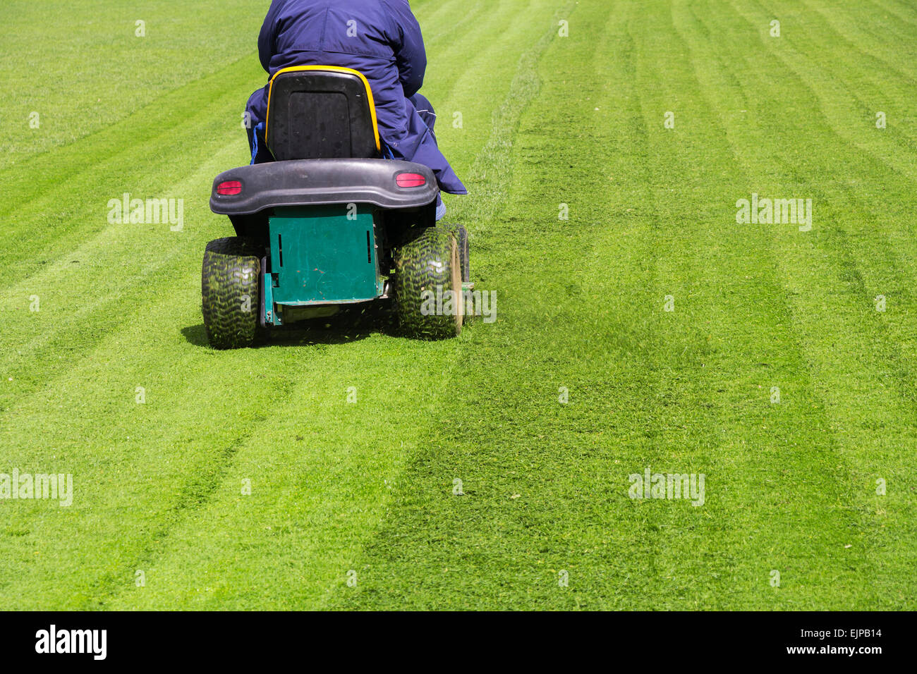 Mowing the grass motor lawn mower on a football field Stock Photo Alamy