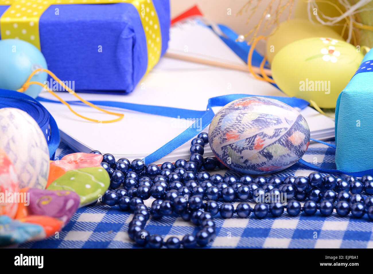 Easter background with eggs and gift box Stock Photo - Alamy