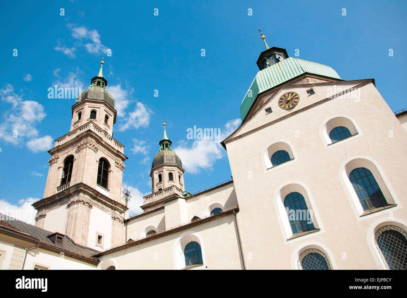 A building in Innsbruck, Austria on a beautiful clear day with a blue sky. Stock Photo