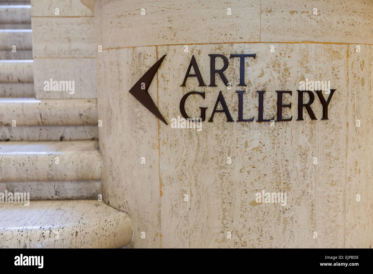 Sign for art gallery on a marble pillar, interior, Barber Institute of