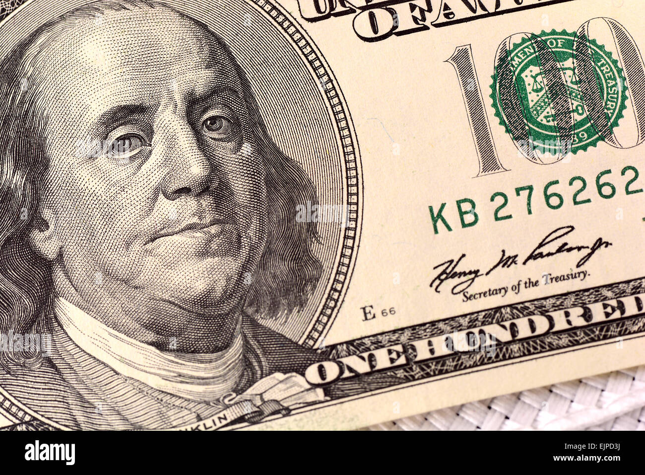 Dollars closeup. Benjamin Franklin portrait on one hundred dollar bill Stock Photo