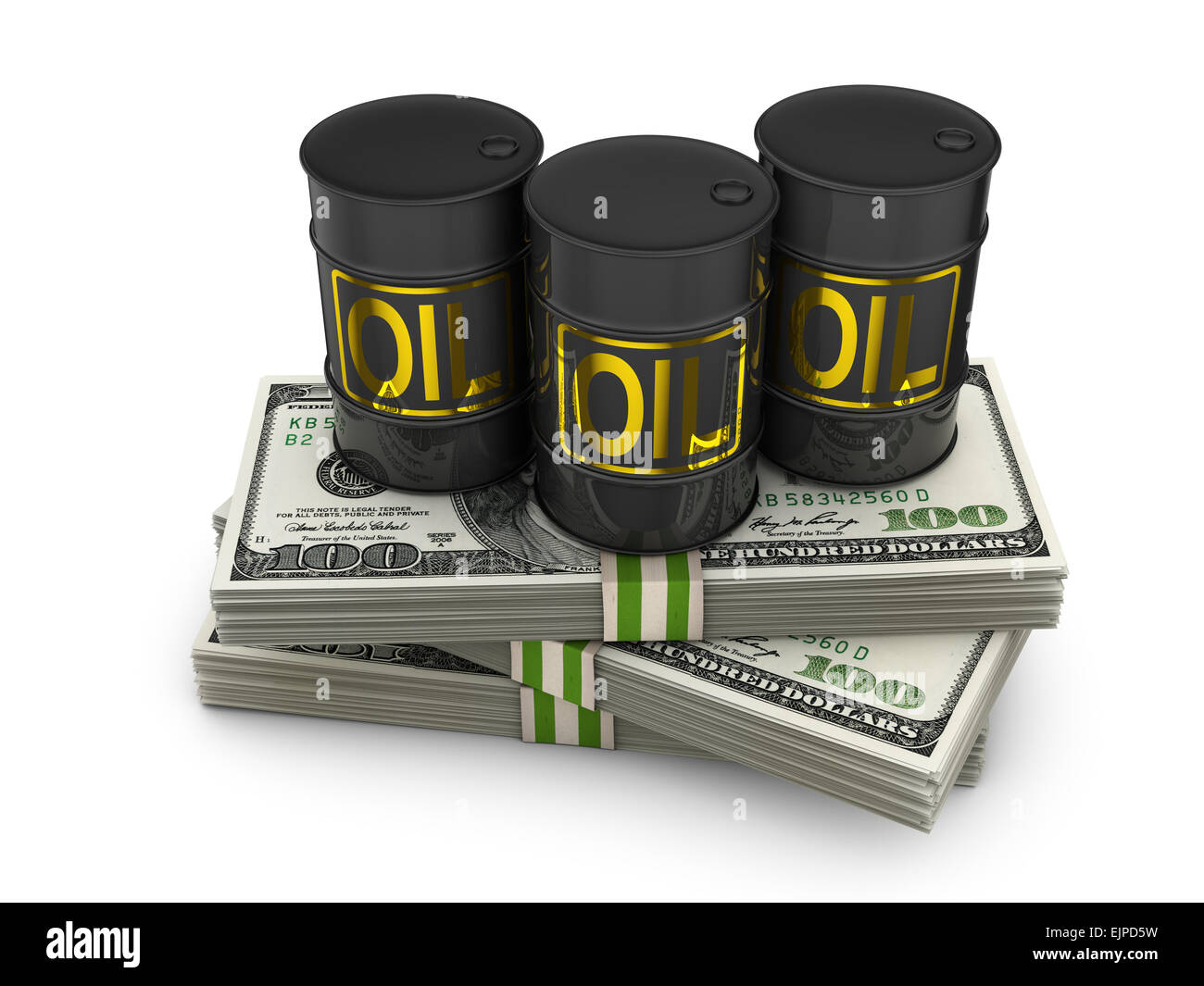 barrels of oil on packs of dollars Stock Photo Alamy