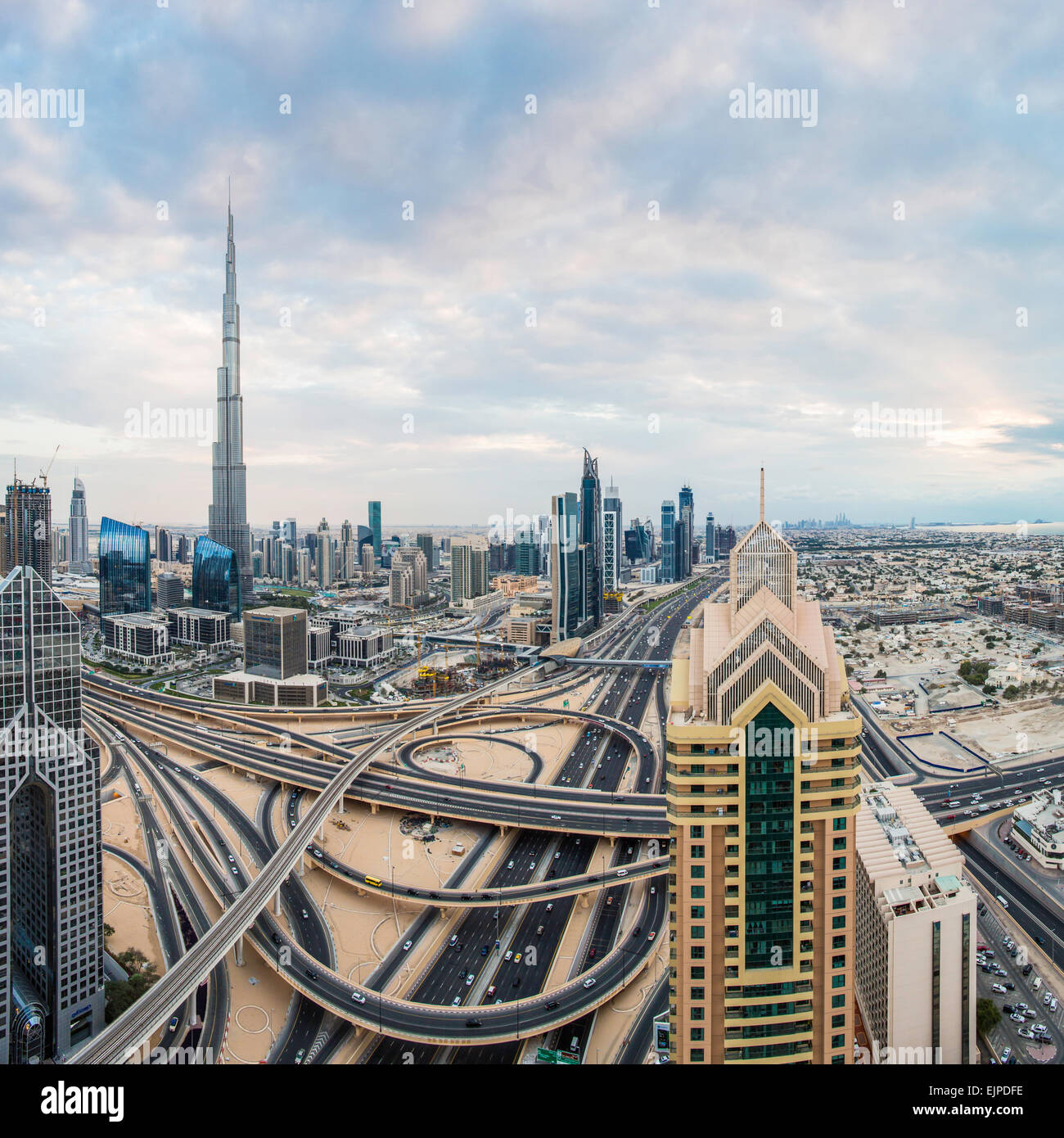 Burj Khalifa Dubai, elevated view across Sheikh Zayed Road and Financial Centre Road Interchange ,Downtown Dubai, UAE Stock Photo