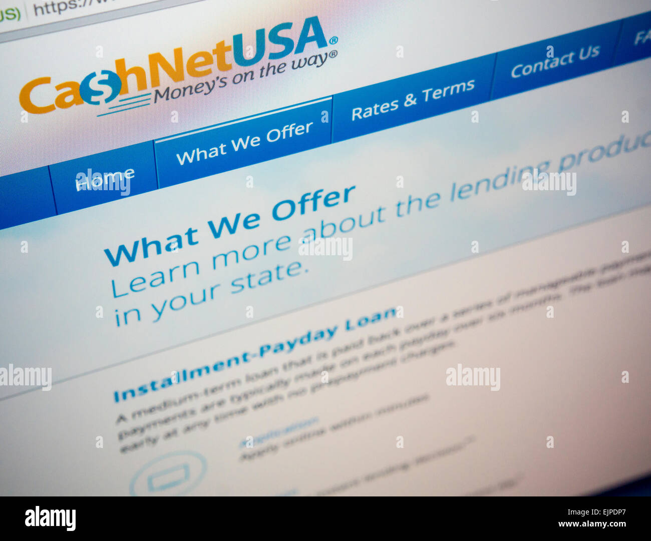 A website promoting their payday loan services is seen on Thursday, March 26, 2015. The U.S. Consumer Financial Protection Bureau has announced plans for regulations to crack down on payday loans which have the potential to trap consumers in an endless cycle of debt. Payday loans are short term loans at high interest rates that make it difficult for borrowers to pay back, hence the borrower must refinance the first loan. (© Richard B. Levine) Stock Photo