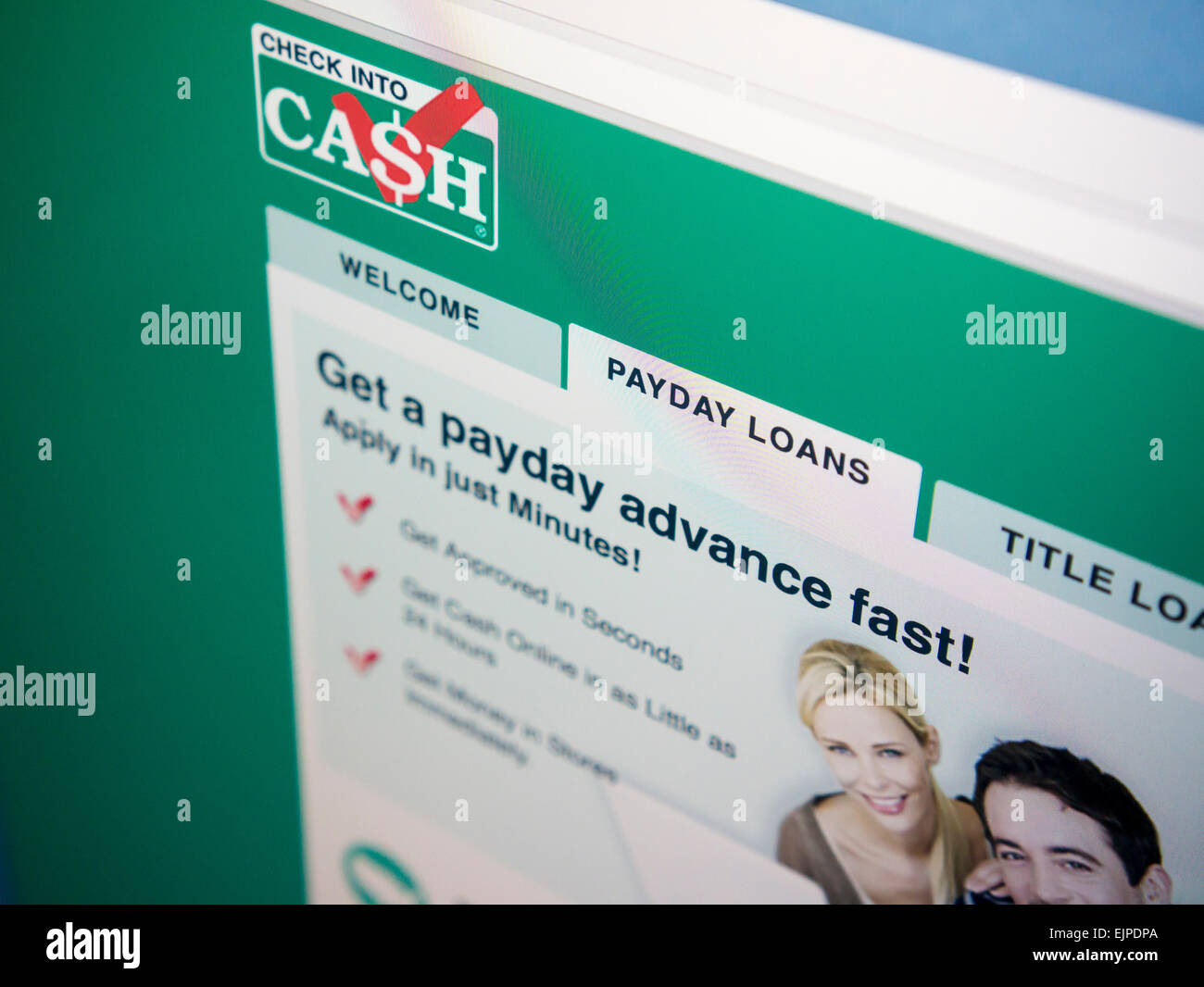 A website promoting their payday loan services is seen on Thursday, March 26, 2015. The U.S. Consumer Financial Protection Bureau has announced plans for regulations to crack down on payday loans which have the potential to trap consumers in an endless cycle of debt. Payday loans are short term loans at high interest rates that make it difficult for borrowers to pay back, hence the borrower must refinance the first loan. (© Richard B. Levine) Stock Photo