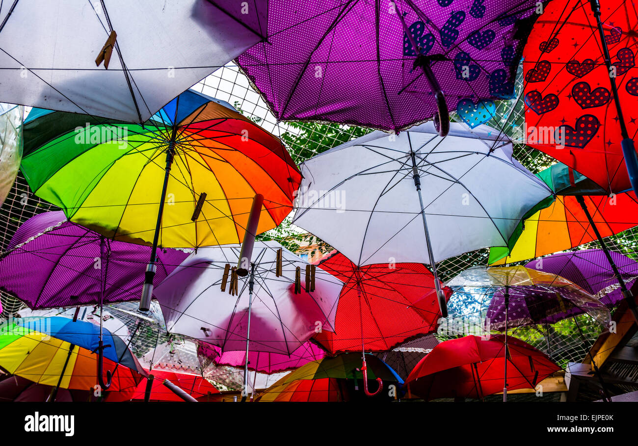 Umbrellas as roof of restaurant terrace Stock Photo Alamy