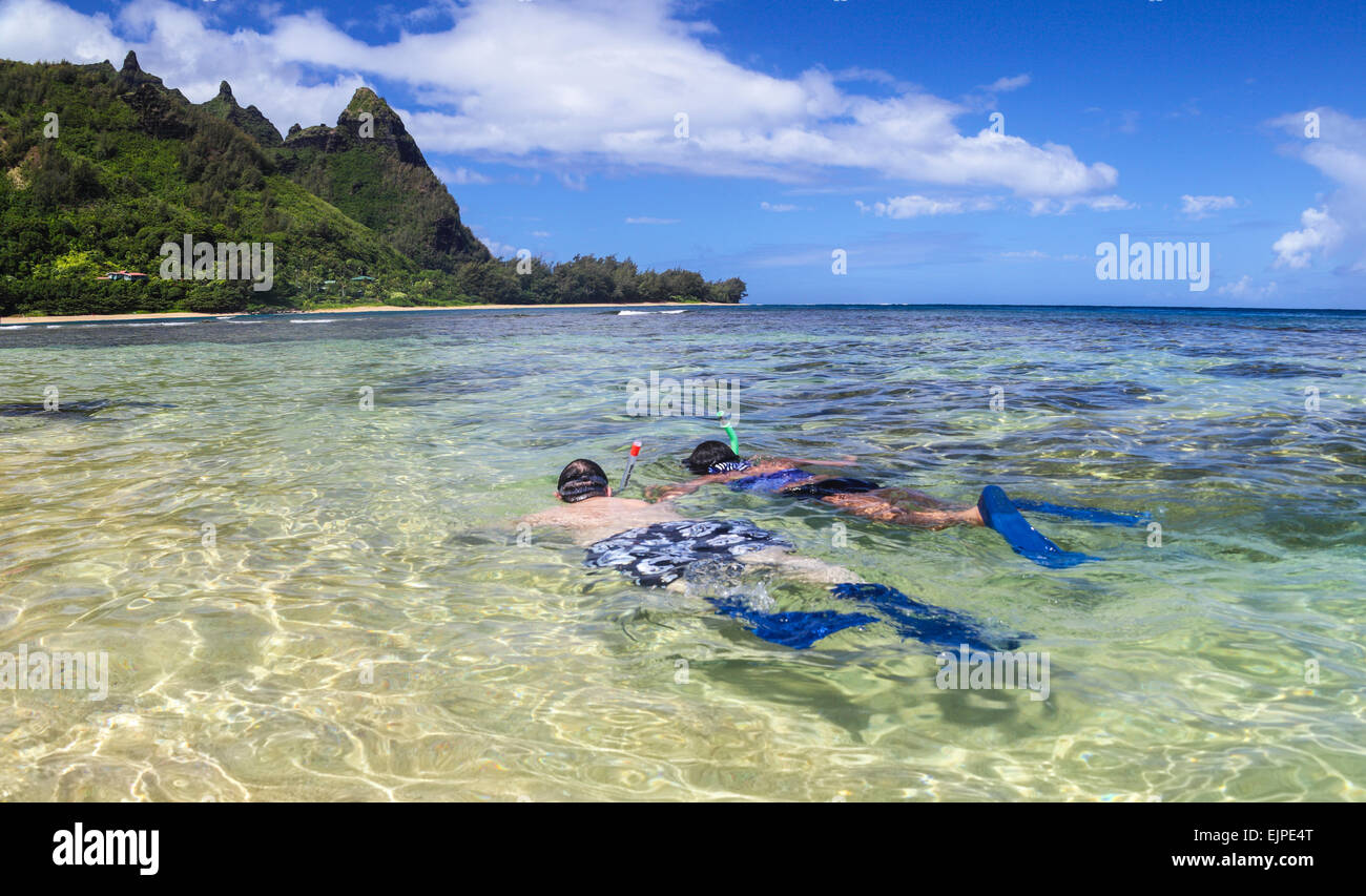 Snorkelers at Tunnels Beach on Kauai Stock Photo Alamy