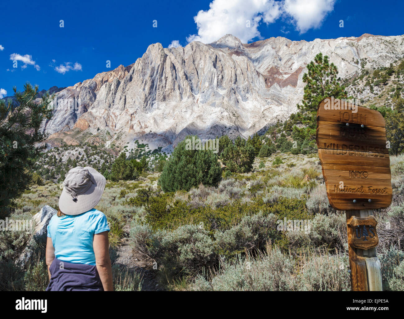 Hiker by John Muir Wilderness sign gazes at peak from the trail at Convict Lake Stock Photo