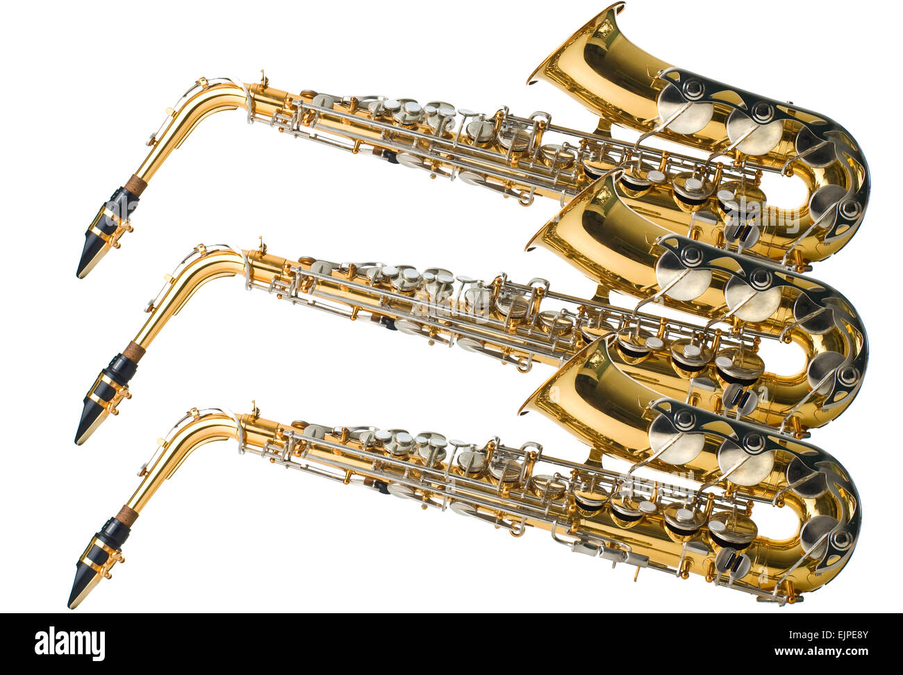 3 shiny brass saxophones collage Stock Photo