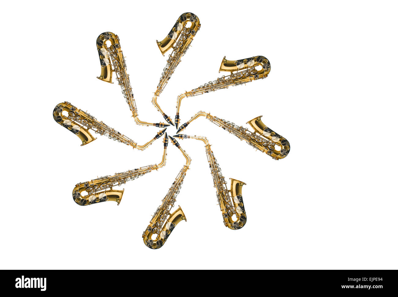 A shiny brass saxophone collage in the form of a pinwheel Stock Photo