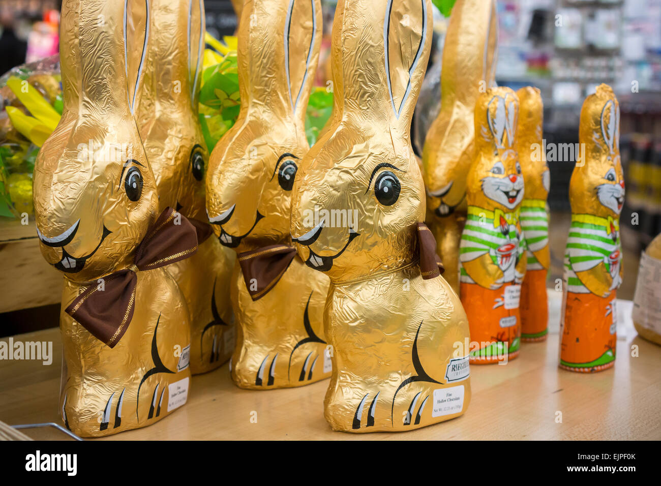 An army of chocolate Easter bunnies on display in a store in New York