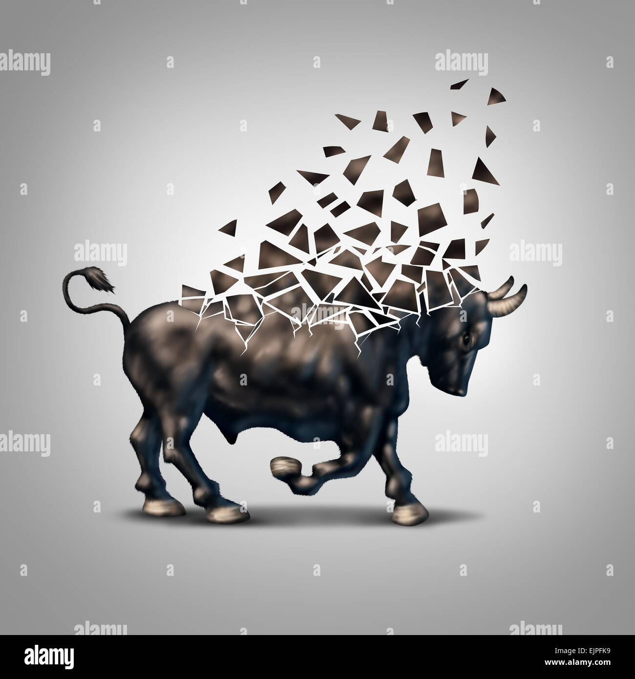 Fragile bull market financial crisis concept as an economic symbol for a crumbling positive forecast and investments falling apart due to valuation loss in the stock market. Stock Photo