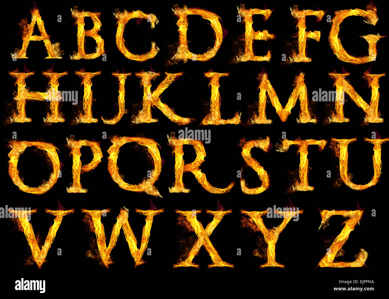 Capital letters of the alphabet with fire flames. Stock Photo