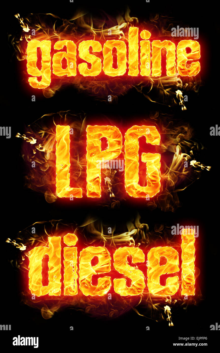 Fire gasoline lpg diesel text in burning flames Stock Photo Alamy