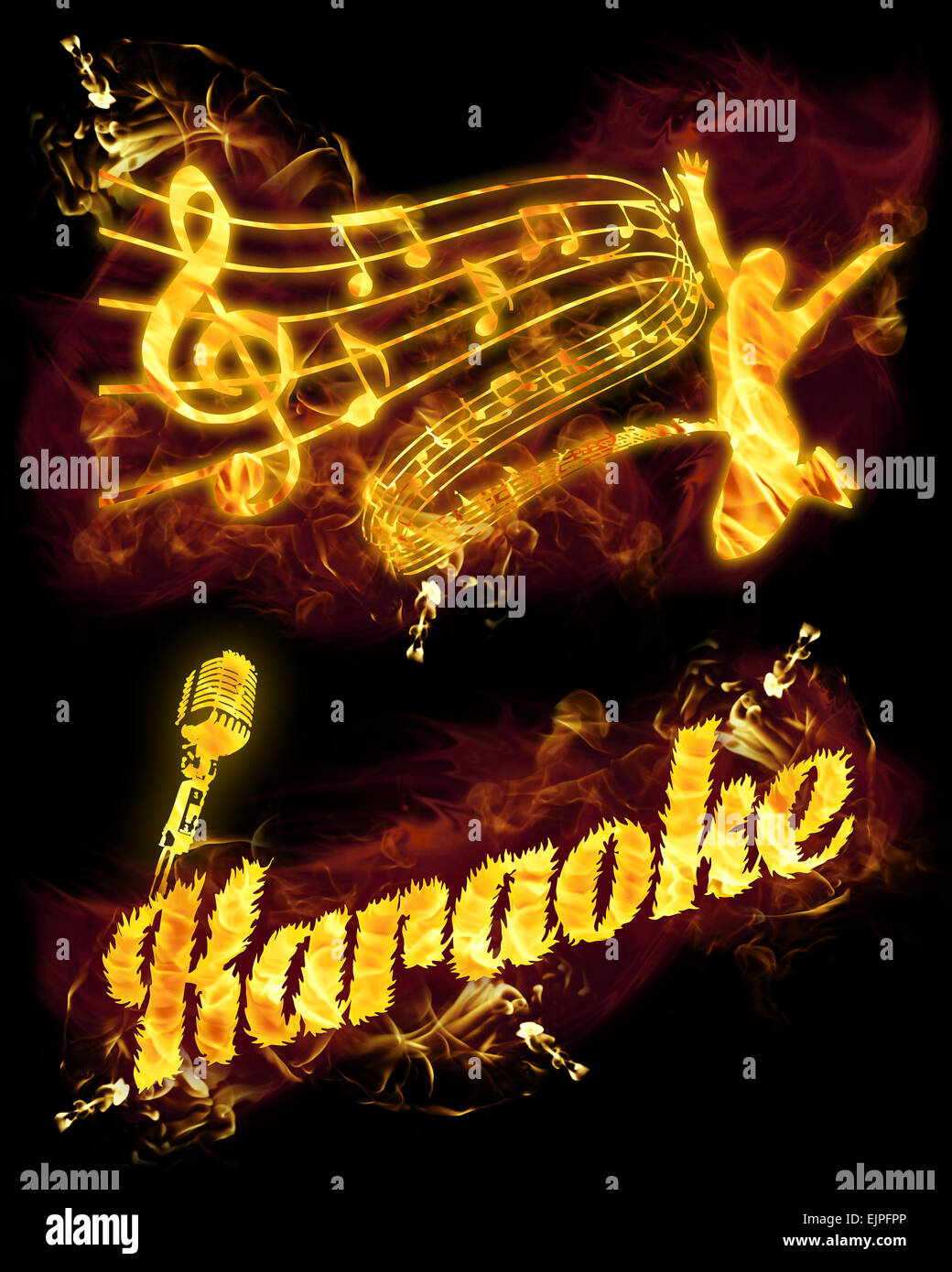 Fire karaoke set with text, microphone and musical stave Stock Photo