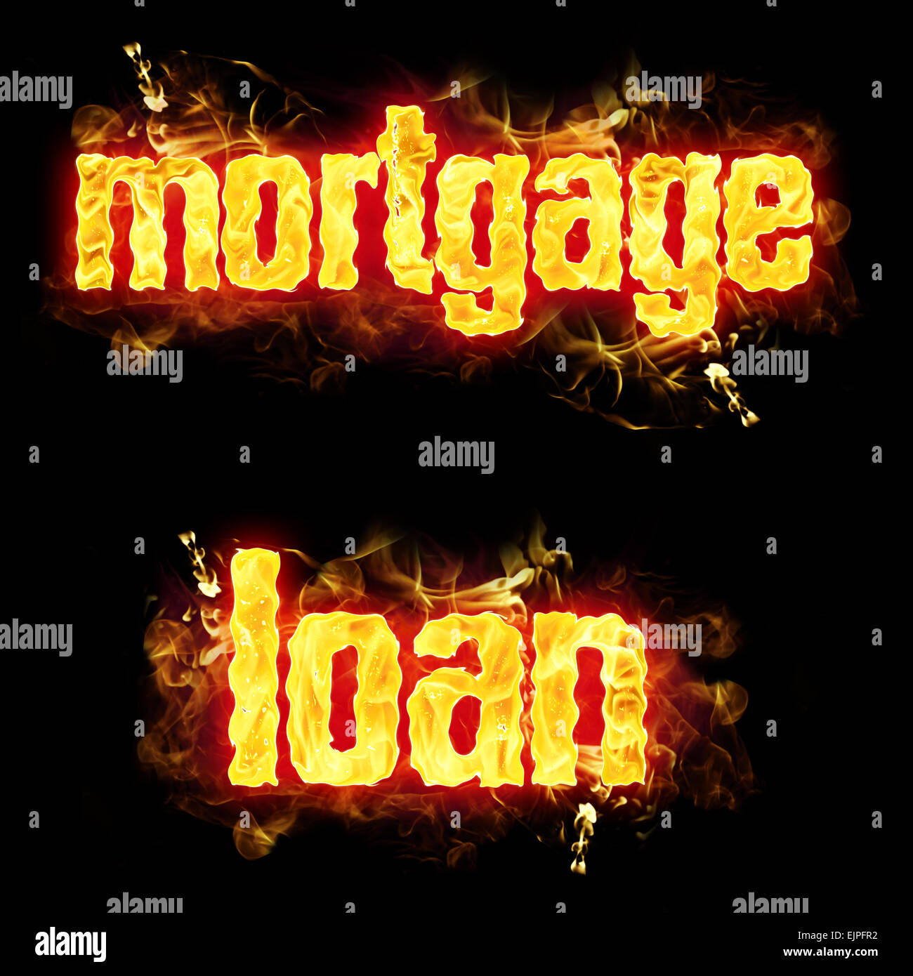 Mortgage loan words in blazing flames. Stock Photo