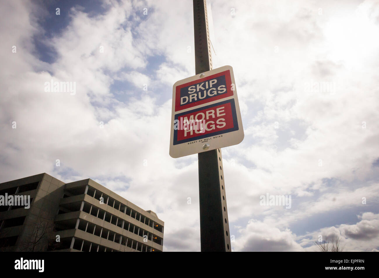 Site specific art in downtown Newark, New Jersey's largest city, is seen on Saturday, March 28, 2015. One of a series of 'Happy Street Signs' installed by Killy Kilford's 'Dept. of Well Being'. (© Richard B. Levine) Stock Photo