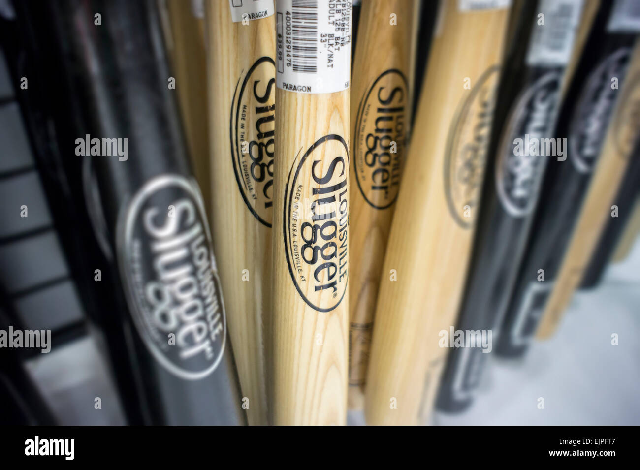 Louisville Slugger brand baseball bats on display in a store in New York on  Tuesday, March 24, 2015. The 121 year old iconic brand has been sold,  pending shareholder approval, by Hillerich