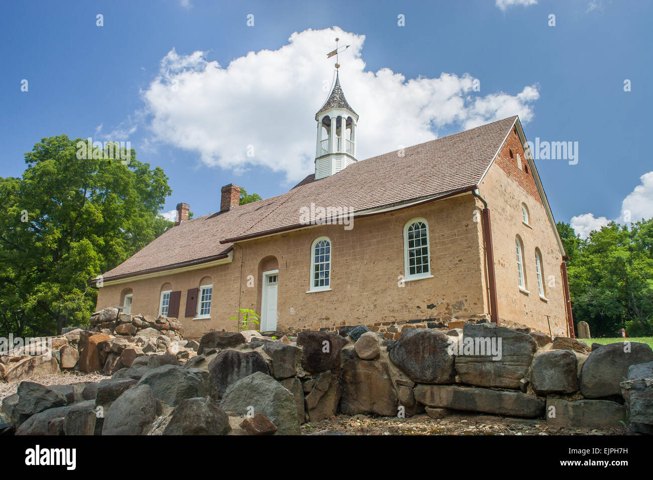 A Moravian church build in 1788 stands among the ruins of the Bethabara settlement. Stock Photo