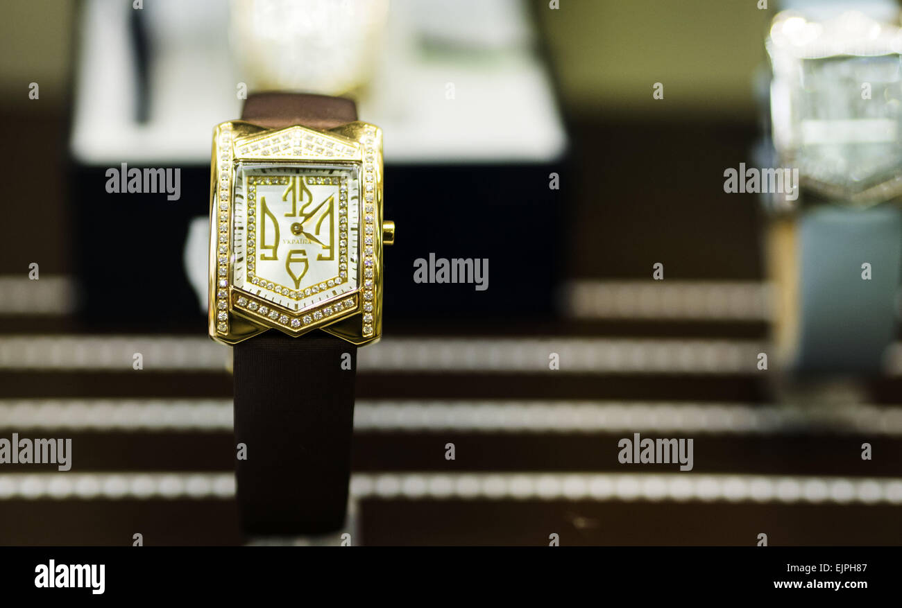 March 30, 2015 - Watch series Independence in the storefront -- Ukrainian watch brand Kleynod, like many other manufacturers use Swiss movements. This allows the manufacturer to compete in the domestic market. The most popular is series ''Independence'' with a stylized image of Ukrainian coat of arms. © Igor Golovniov/ZUMA Wire/Alamy Live News Stock Photo