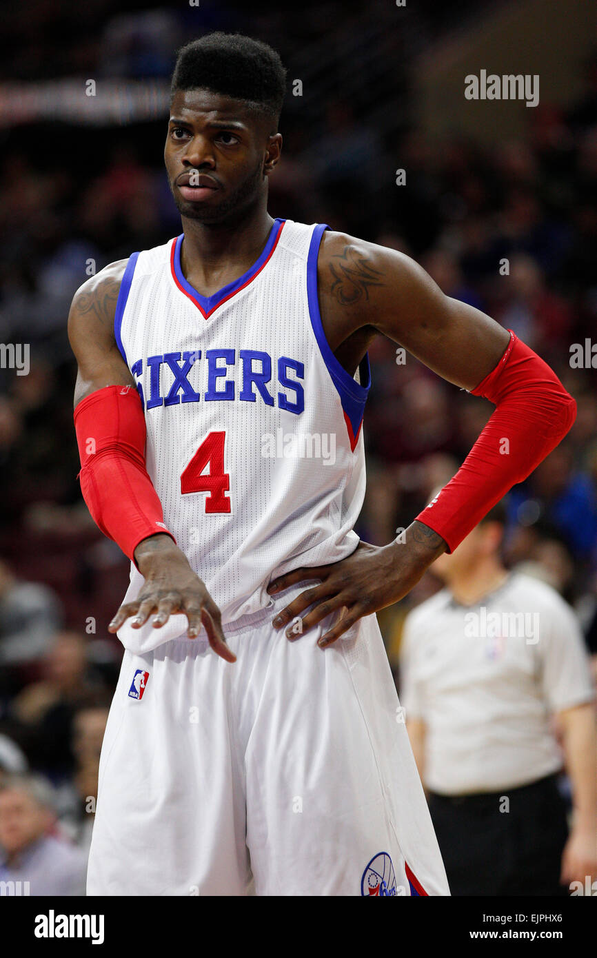 Philadelphia, Pennsylvania, USA. 30th Mar, 2015. Philadelphia 76ers center Nerlens Noel (4) reacts during the NBA game between the Los Angeles Lakers and the Philadelphia 76ers at the Wells Fargo Center in Philadelphia, Pennsylvania. Credit:  csm/Alamy Live News Stock Photo