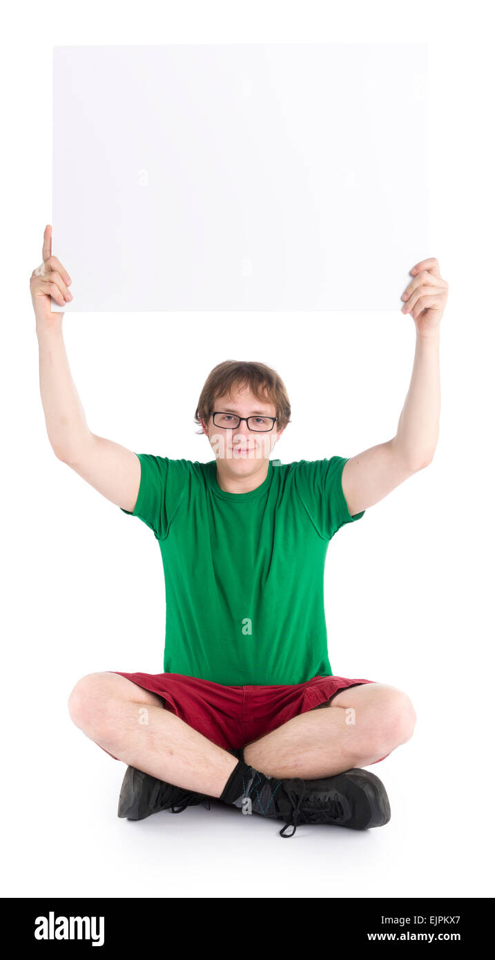 Man Sitting on the Floor Raising an Empty Board Stock Photo