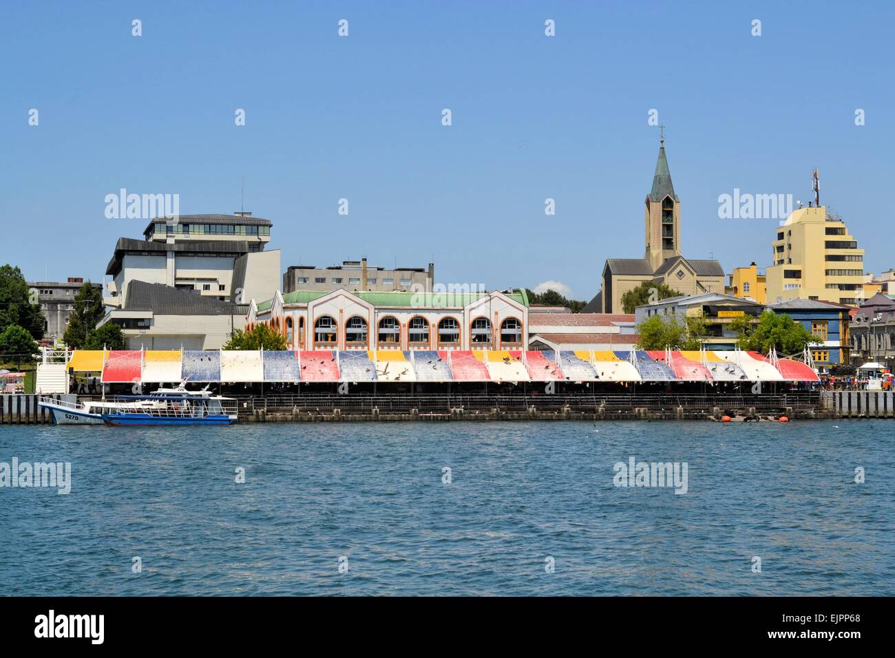 Old center with fish market and river, Valdivia, Chile Stock Photo
