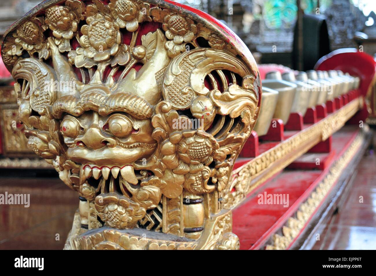 Small carved gamelan music gongs, Ubud, Bali, Indonesia Stock Photo