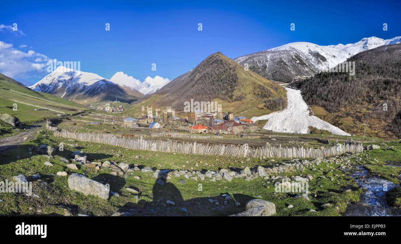 Small town in Georgia, Svaneti with traditional stone towers, symbol of the region Stock Photo