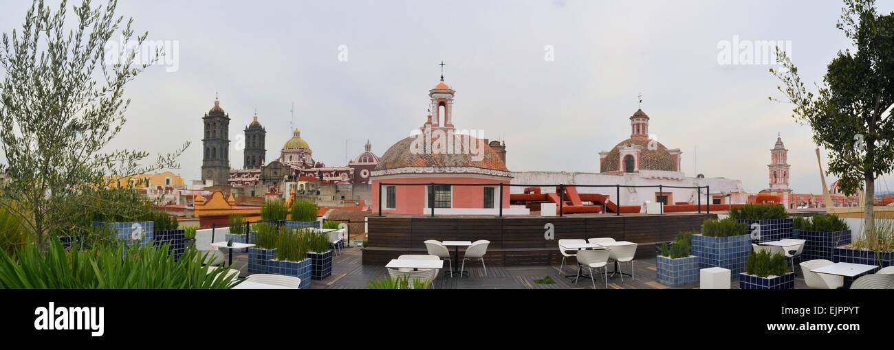 Rooftop cafe of Amparo Museum with Cathedral, Puebla, Mexico Stock Photo