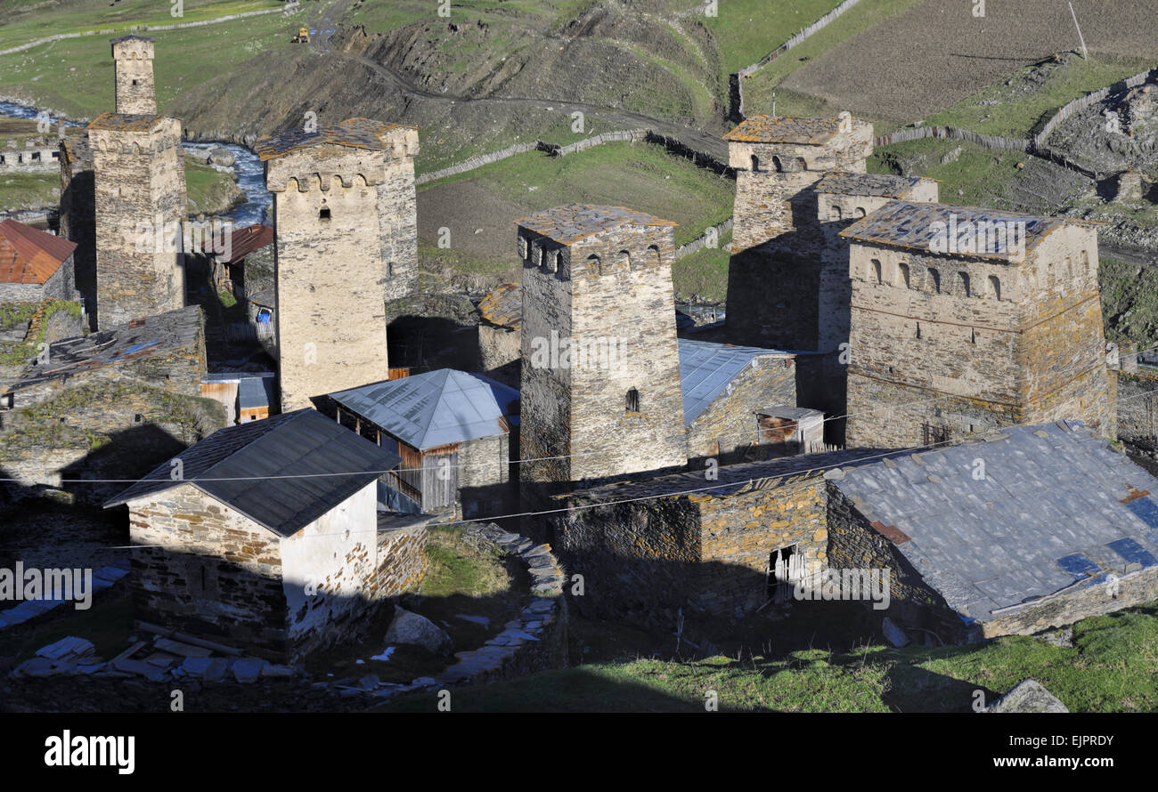 Traditional old towers in Georgia, Svaneti, symbol of the region Stock Photo