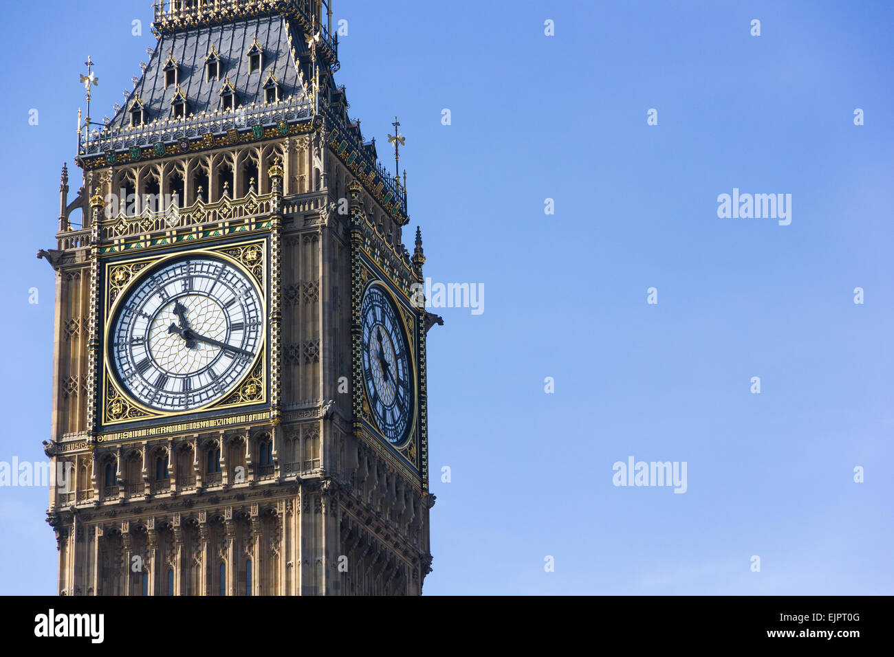 The clock face at the top of Elizabeth Tower, part of the Palace of Westminster in London, United Kingdom. Aka 'Big Ben' Stock Photo