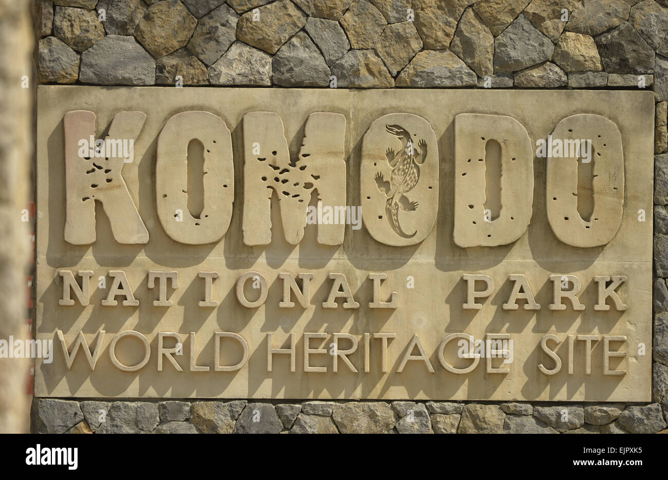 'Komodo National Park, World Heritage Site' sign, Komodo Island, Komodo N.P., Lesser Sunda Islands, Indonesia, October Stock Photo