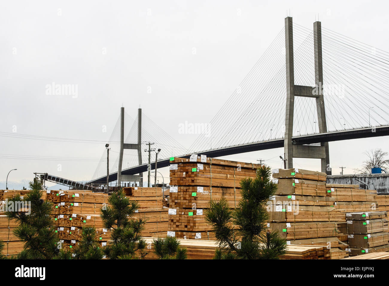 Delta Cedar sawmill and the Alex Fraser Bridge to Annacis Island with stacks of lumber in the
