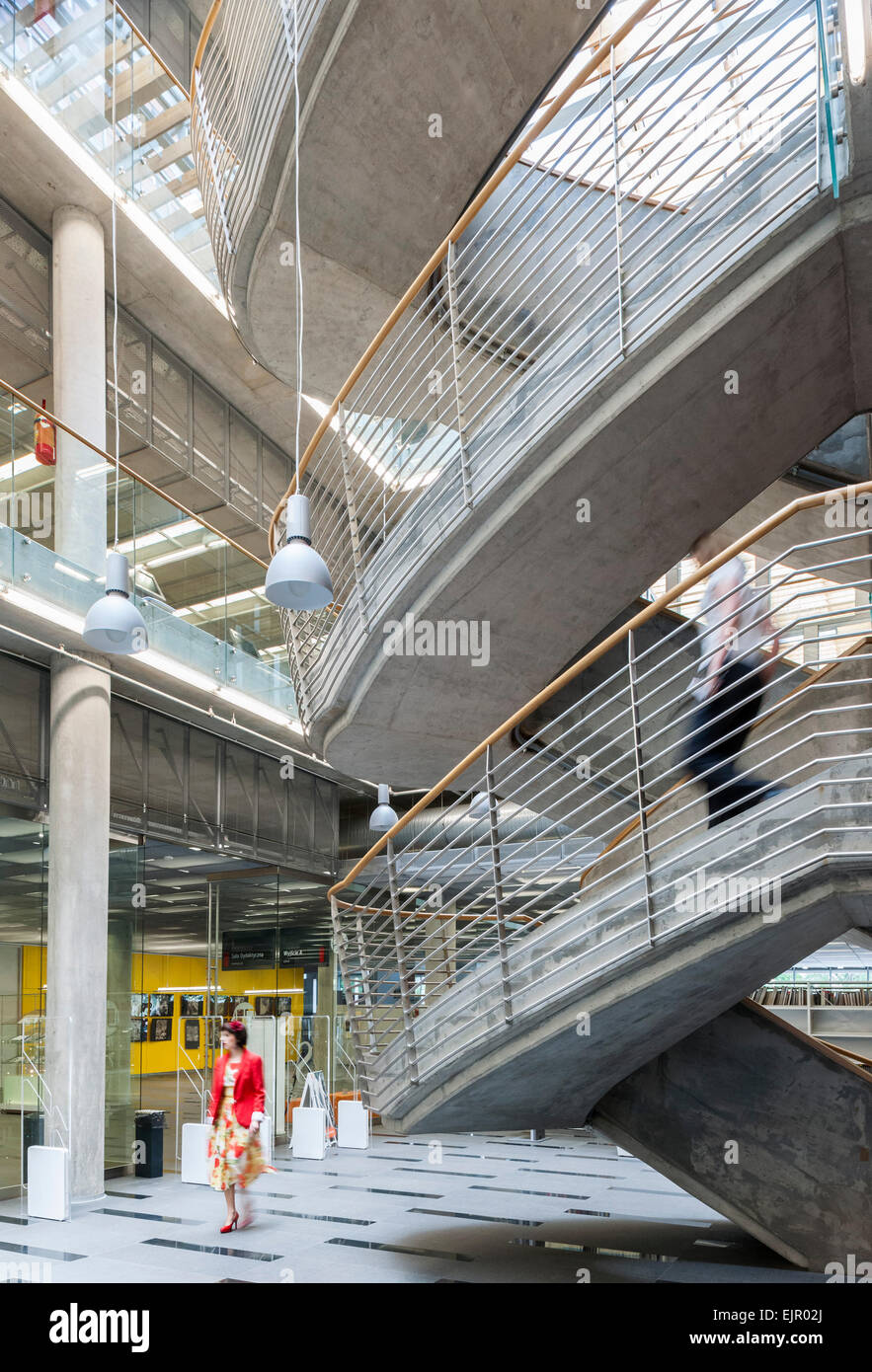 View of main atrium and staircase. Scientific Information Centre & Academic Library, Katowice, Poland. Architect: HS99 , 2012. Stock Photo