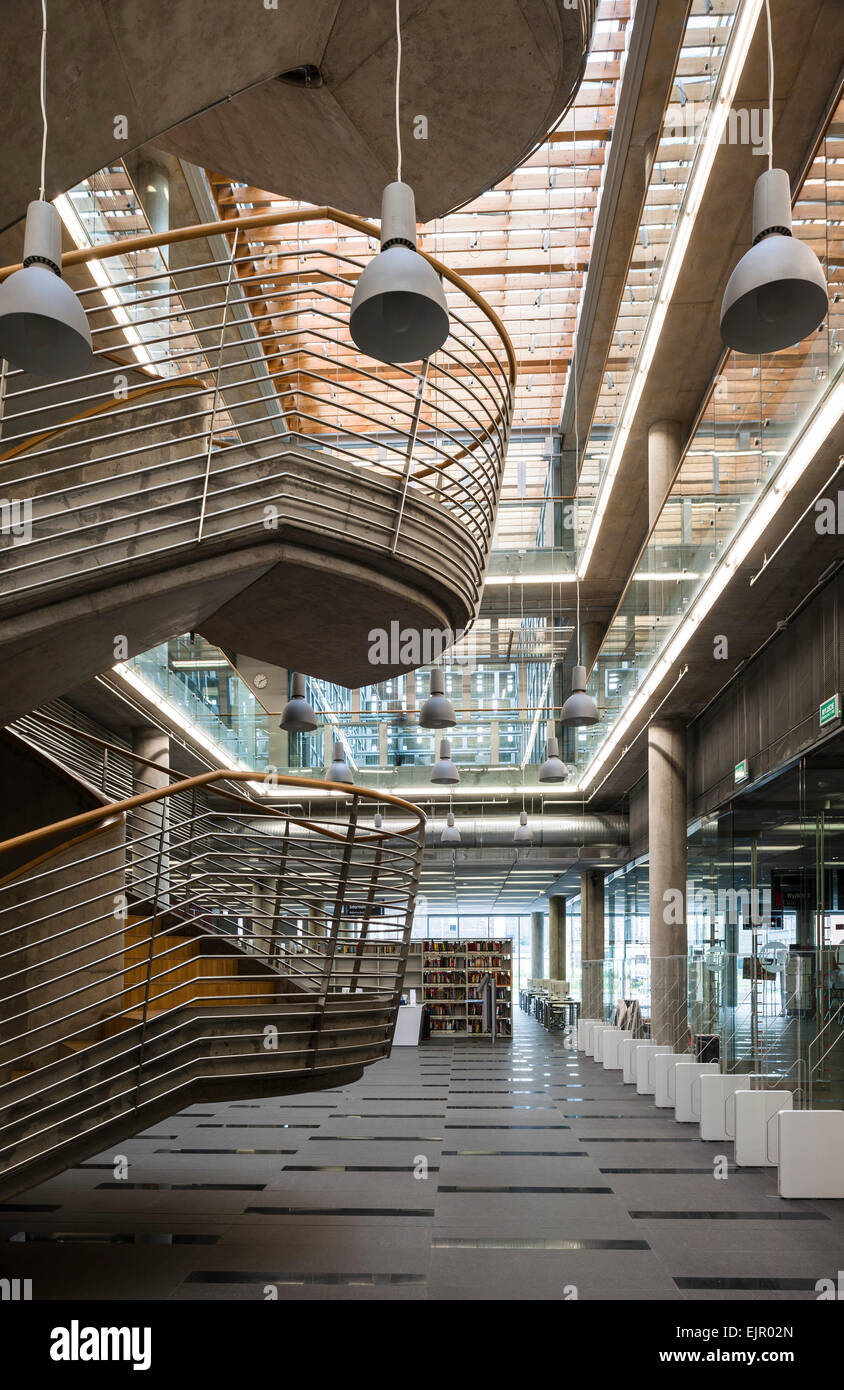 View of main atrium and staircase. Scientific Information Centre & Academic Library, Katowice, Poland. Architect: HS99 , 2012. Stock Photo