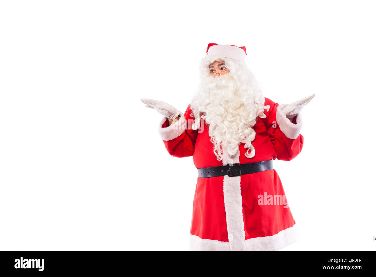 santa claus with glasses and white gloves on white background, copy