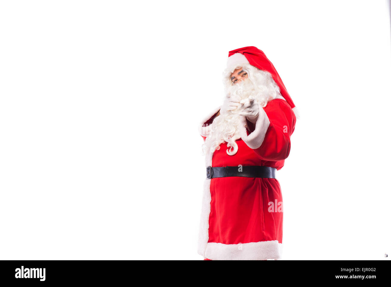 santa claus with glasses and white gloves on white background, copy
