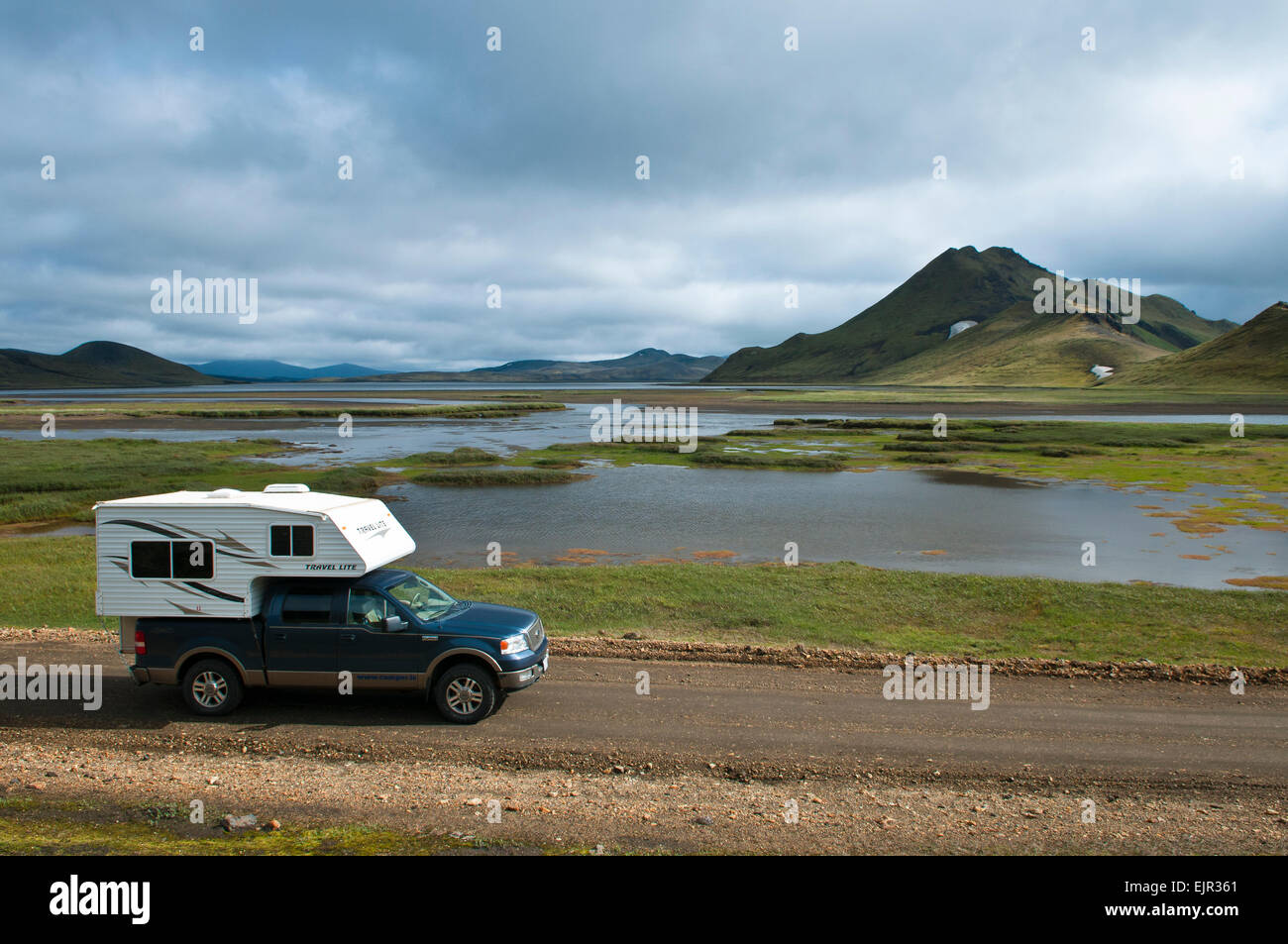 Camping car, pickup truck with camper, Icelandic landscape, Highlands, Landmannalaugar, Iceland Stock Photo