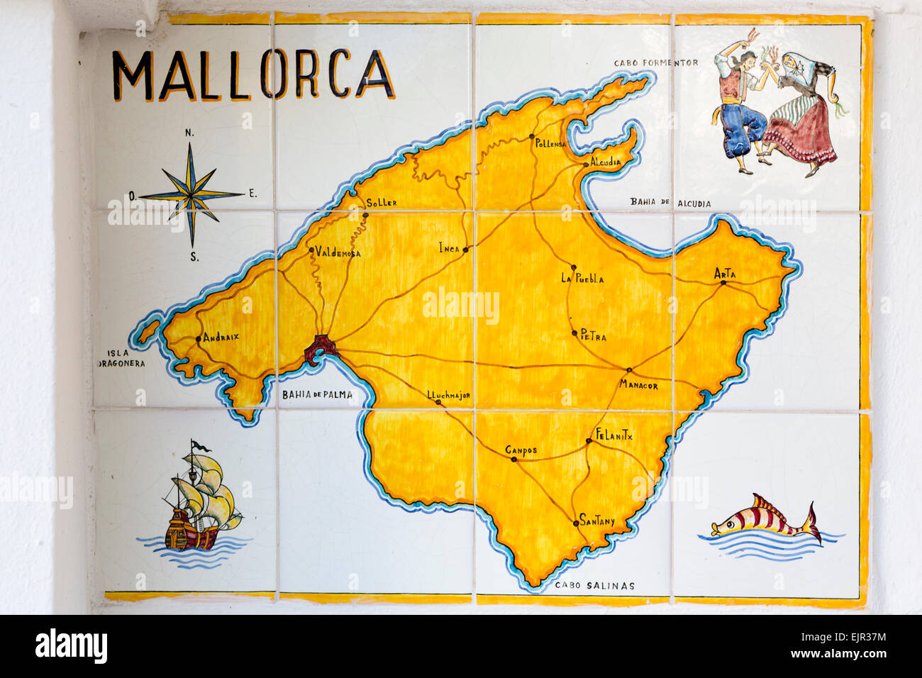 Map of Majorca on tiles, Santanyi, Majorca, Balearic Islands, Spain Stock Photo