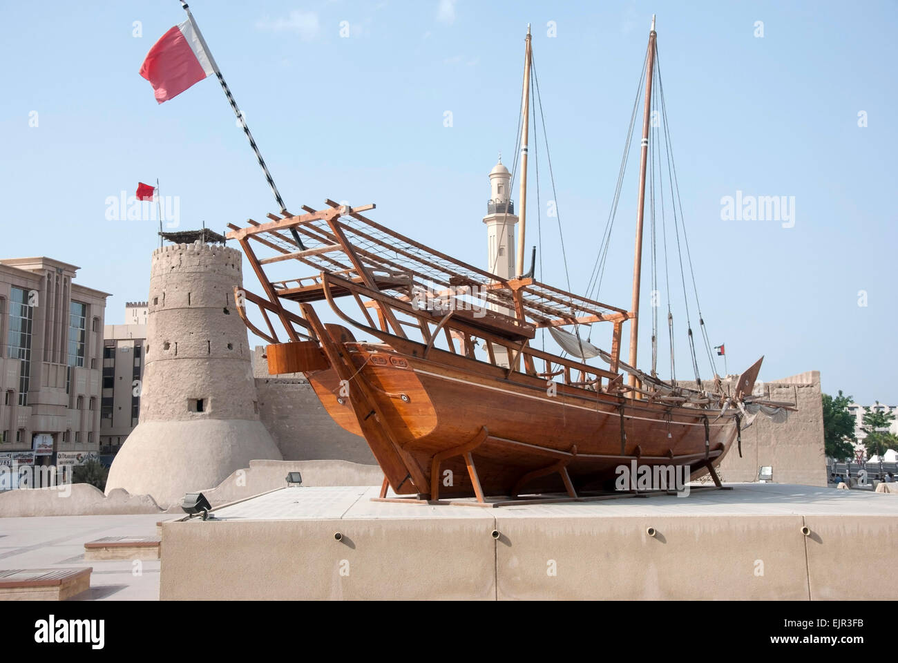 Replica of a Traditional Arabic Two Masted Dhow Museum Exhibit Dubai Museum Stock Photo