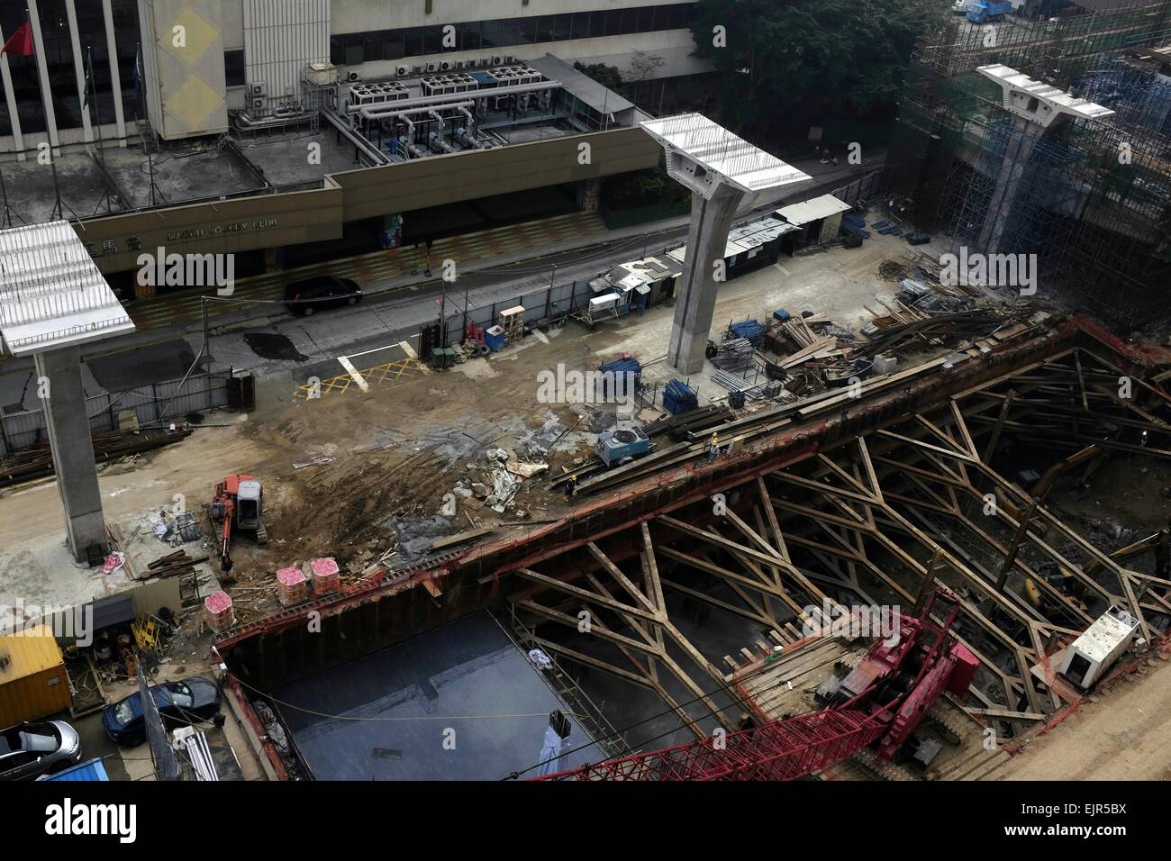 Construction work continues on Macau's Light Rail system at the planned Macau Jockey Club stop.  The Light Rail Project has been plagued by delays and cost overruns Stock Photo