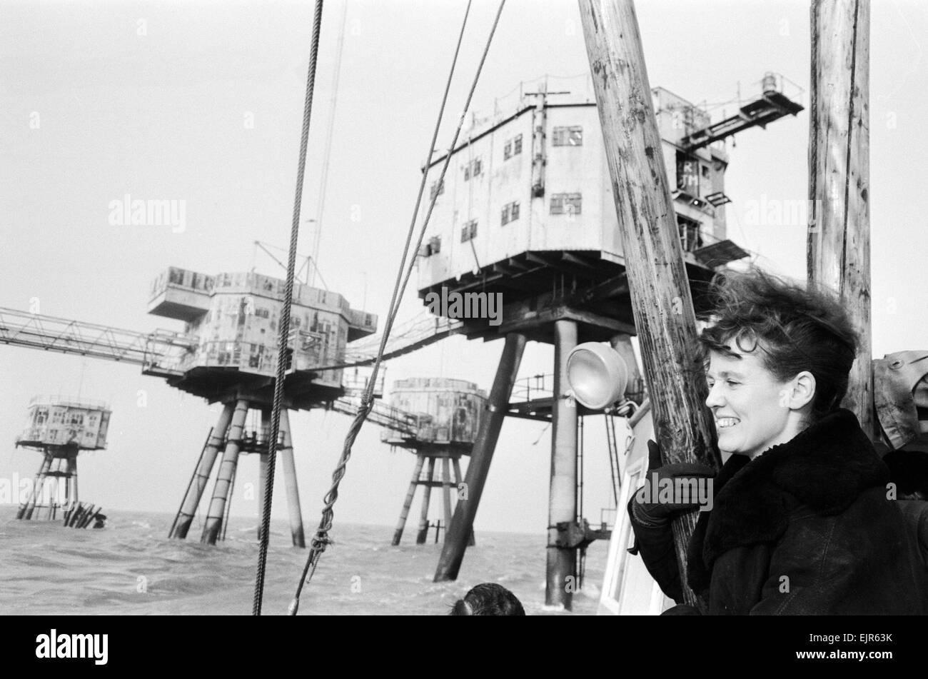 Dorothy Calvert widow of Reg Calvert, arriving at home of pirate radio station Radio City at Shivering Sands Fort in the Thames Estuary 15th February 1967. Possibly for the last time, as she was recently fined £100 for broadcating illegally & may have to shut down the broadcasting station. Stock Photo