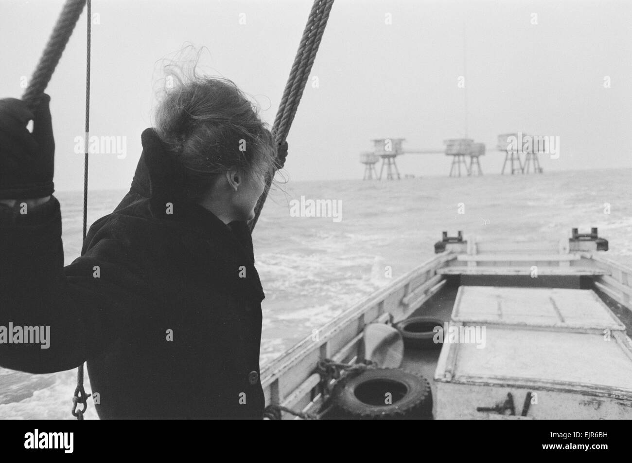 Dorothy Calvert widow of Reg Calvert, arriving at home of pirate radio station Radio City at Shivering Sands Fort in the Thames Estuary 15th February 1967. Possibly for the last time, as she was recently fined £100 for broadcating illegally & may have to shut down the broadcasting station. Stock Photo
