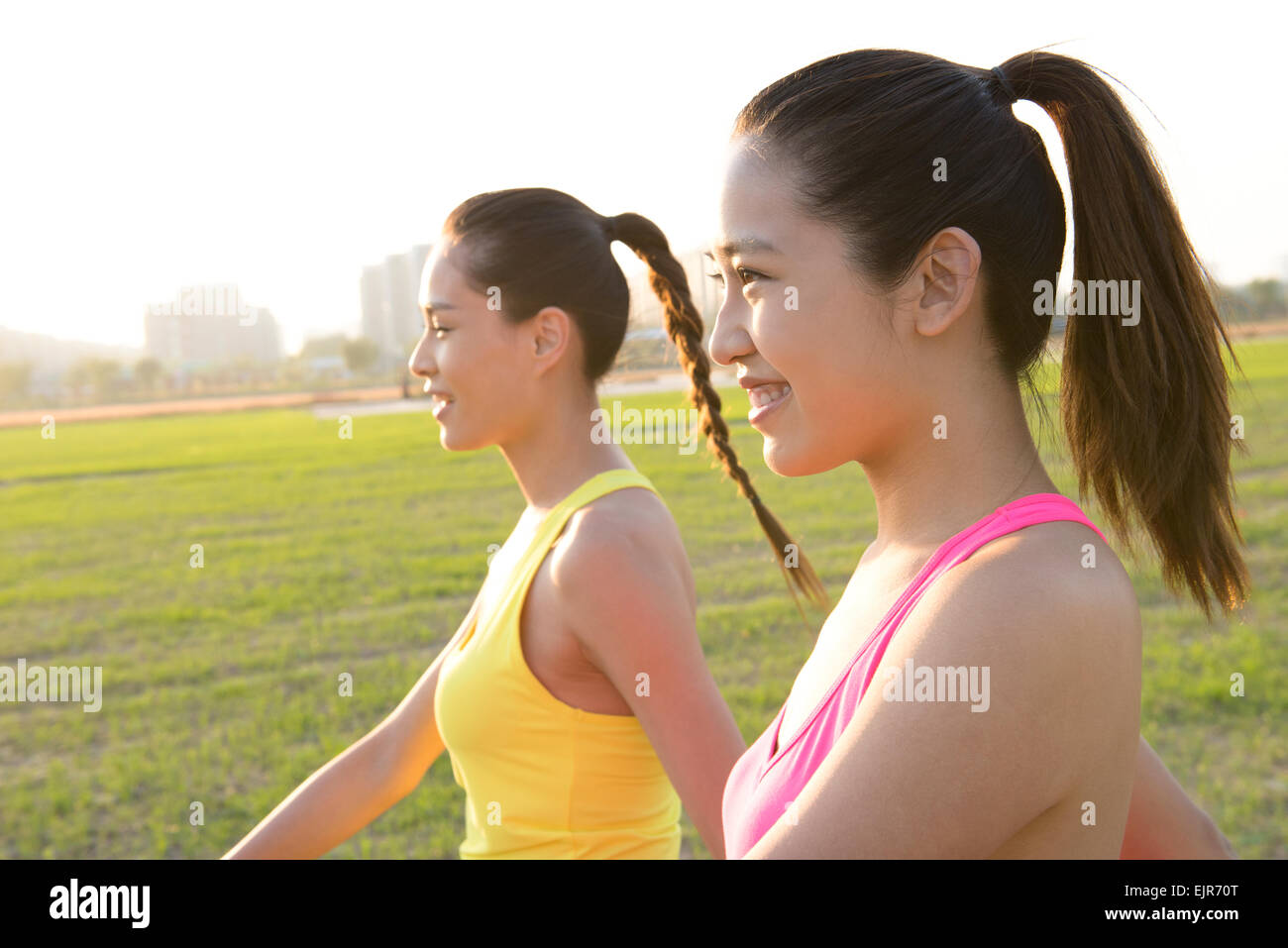 Girlfriends exercising together Stock Photo