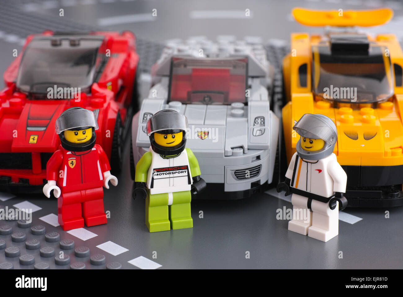 Tambov, Russian Federation - March 14, 2015 Lego drivers minifigures by LEGO  Speed Champions and his car on background Stock Photo - Alamy