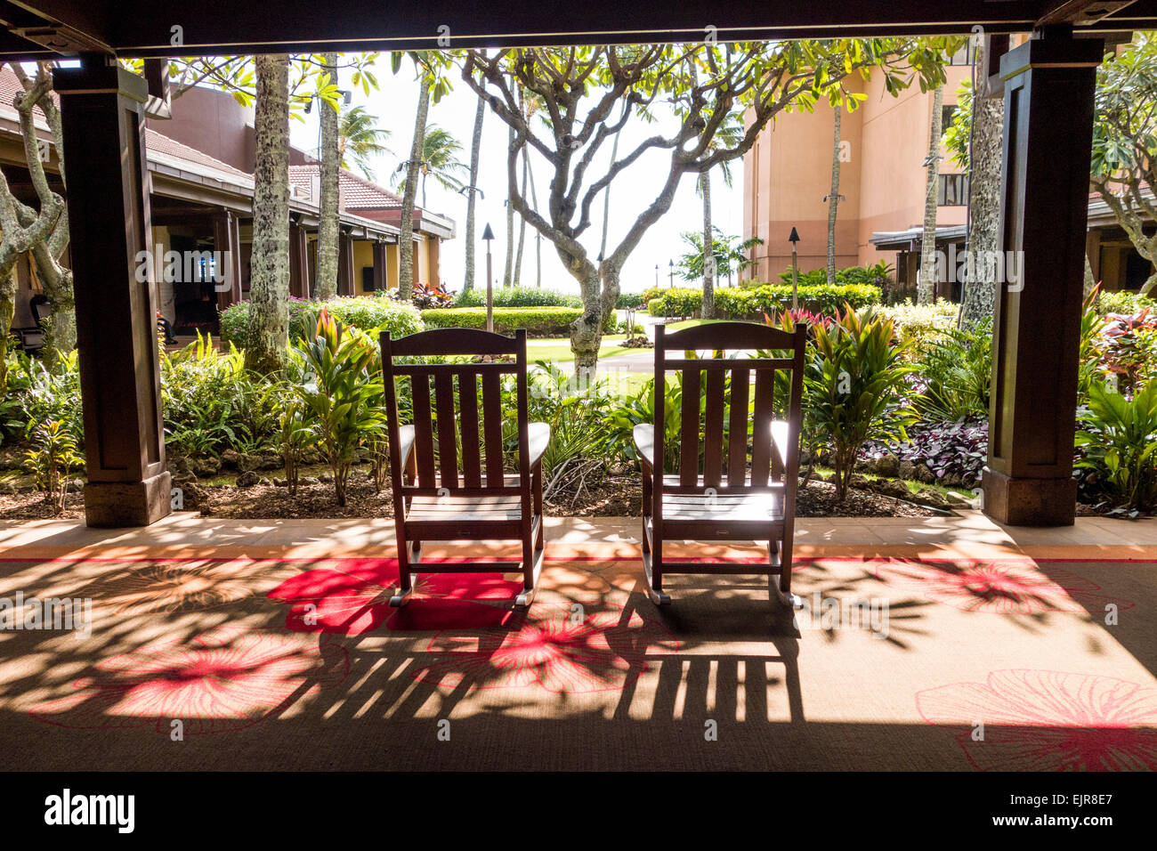 Empty rocking chairs on hotel porch Stock Photo