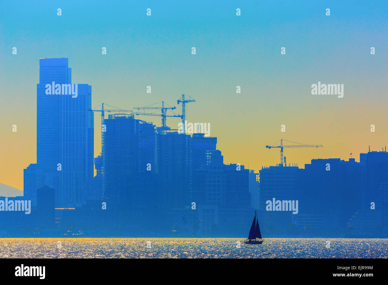 Silhouette of San Francisco city skyline over ocean, California, United States Stock Photo