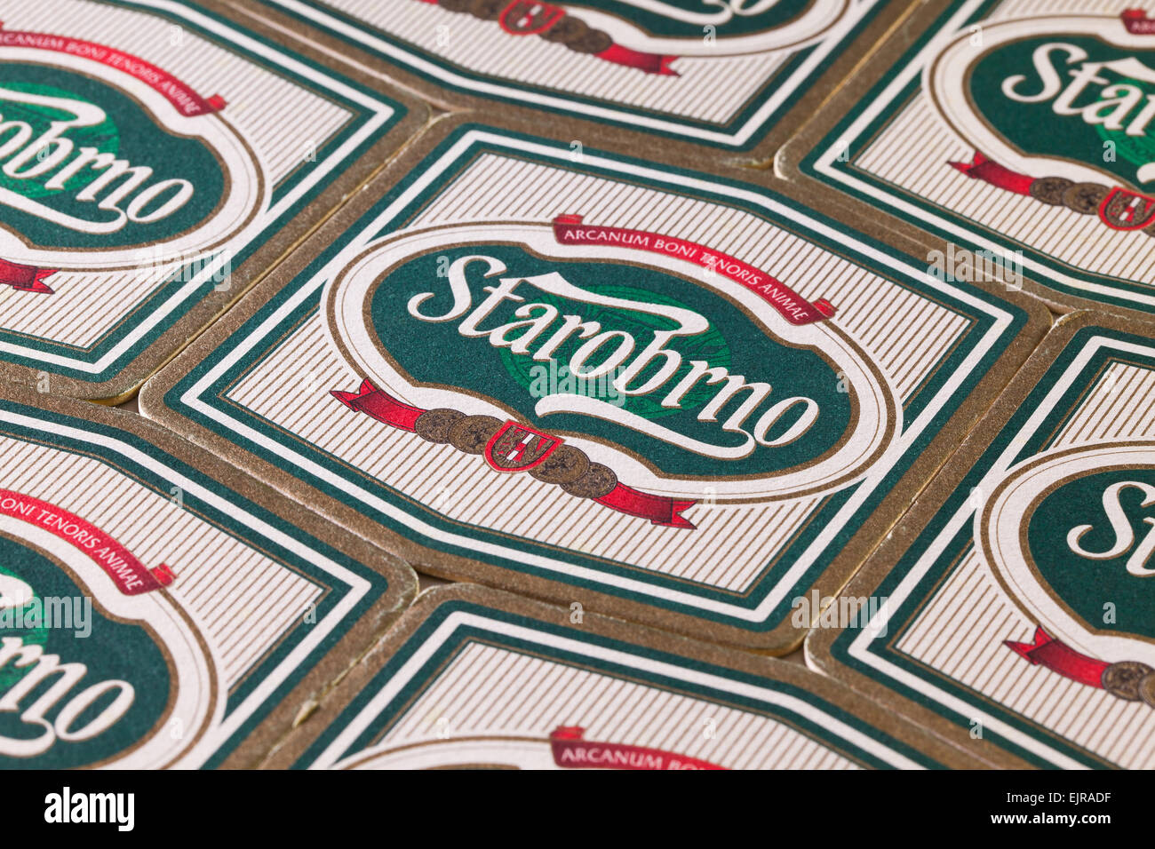 Prague,Czech Republic-December 3,2014:Beermats from Starobrno beer.Starobrno Brewery is a Czech brewery located in Brno Stock Photo